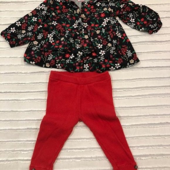 Carter's Other - Like New - Carter's 9m Baby Top & Pants Outfit - Flowered top-solid red pants